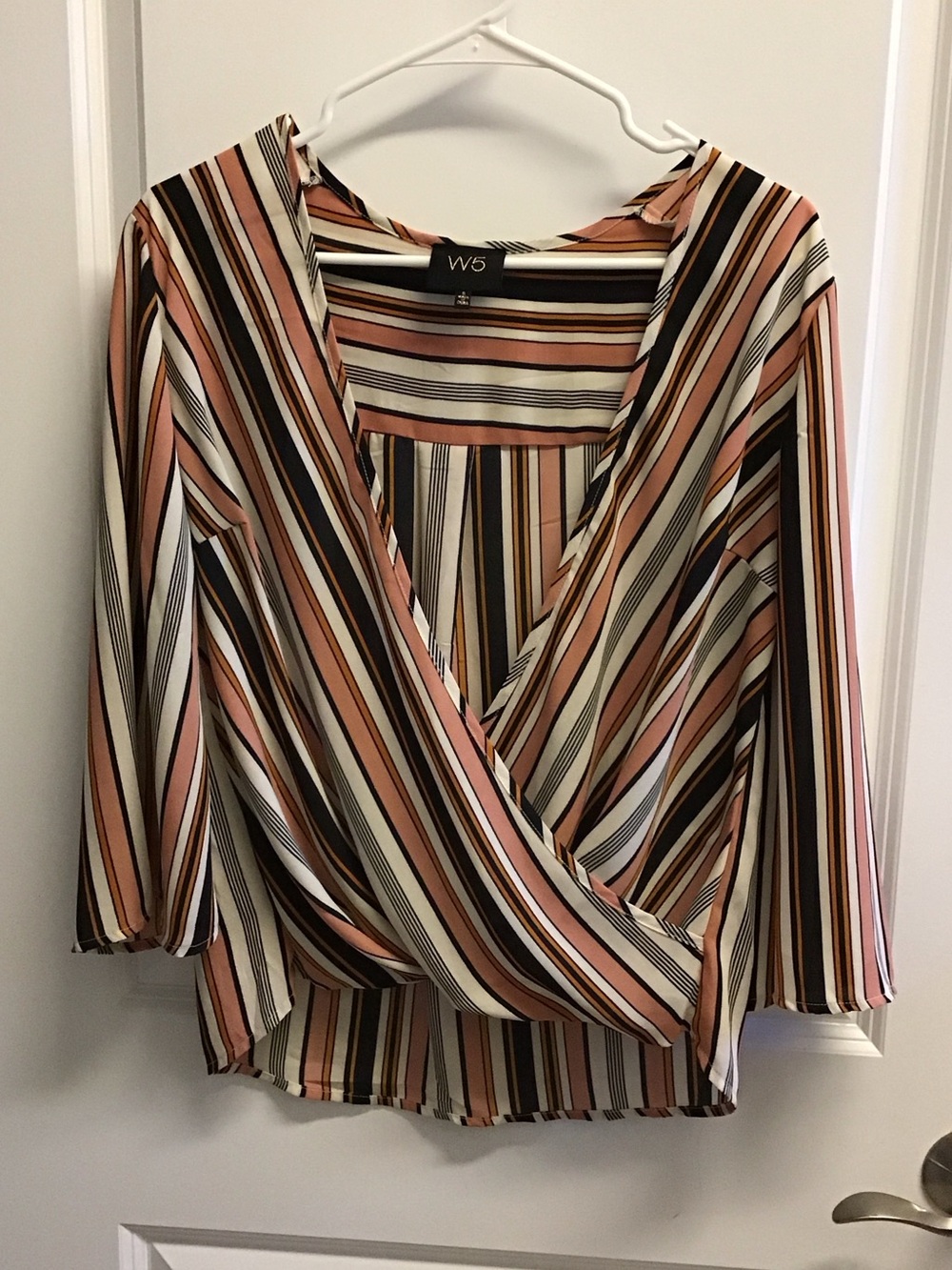 W5 Striped Wrap Front Blouse in Peach, Cream & Black